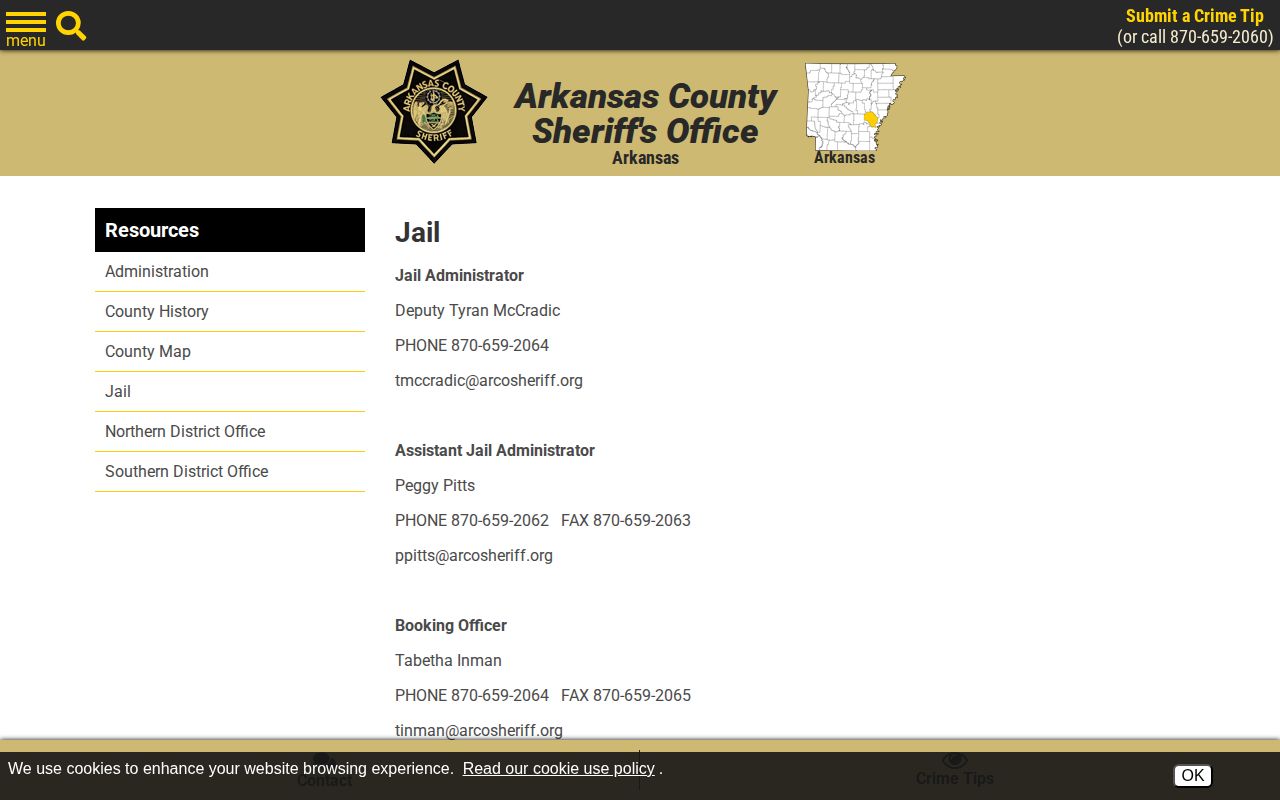 Arkansas County Detention Center booking contact information for arrest verification