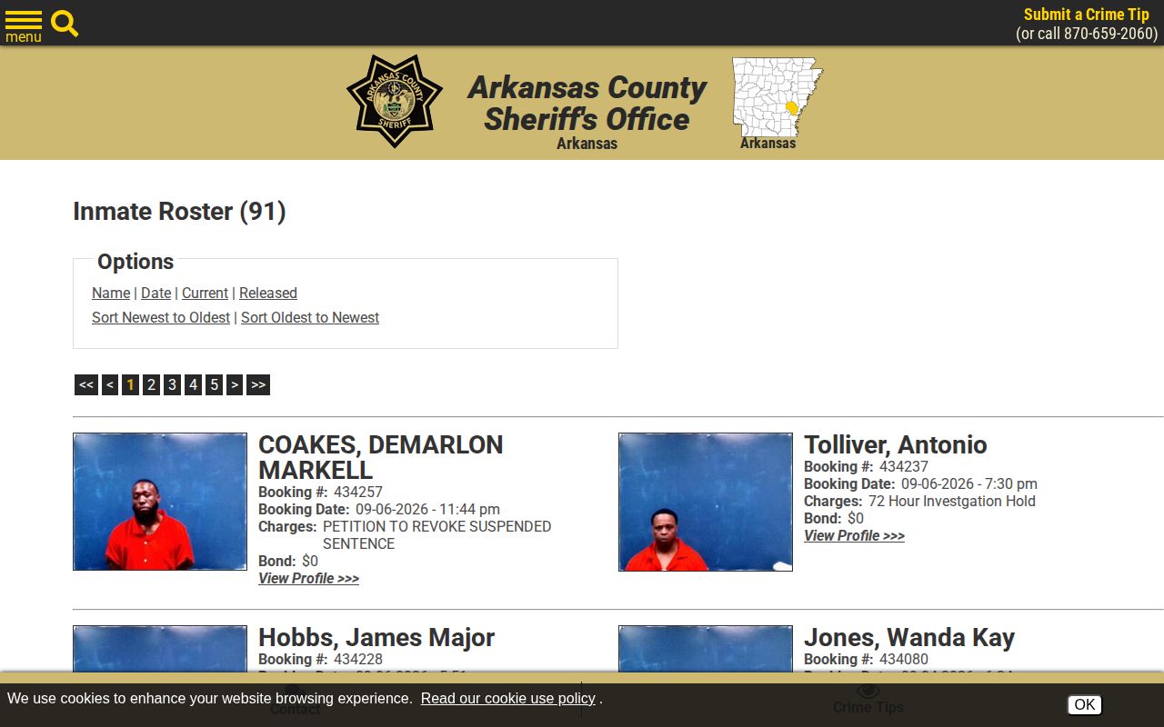 Arkansas County Detention Center current arrest roster interface
