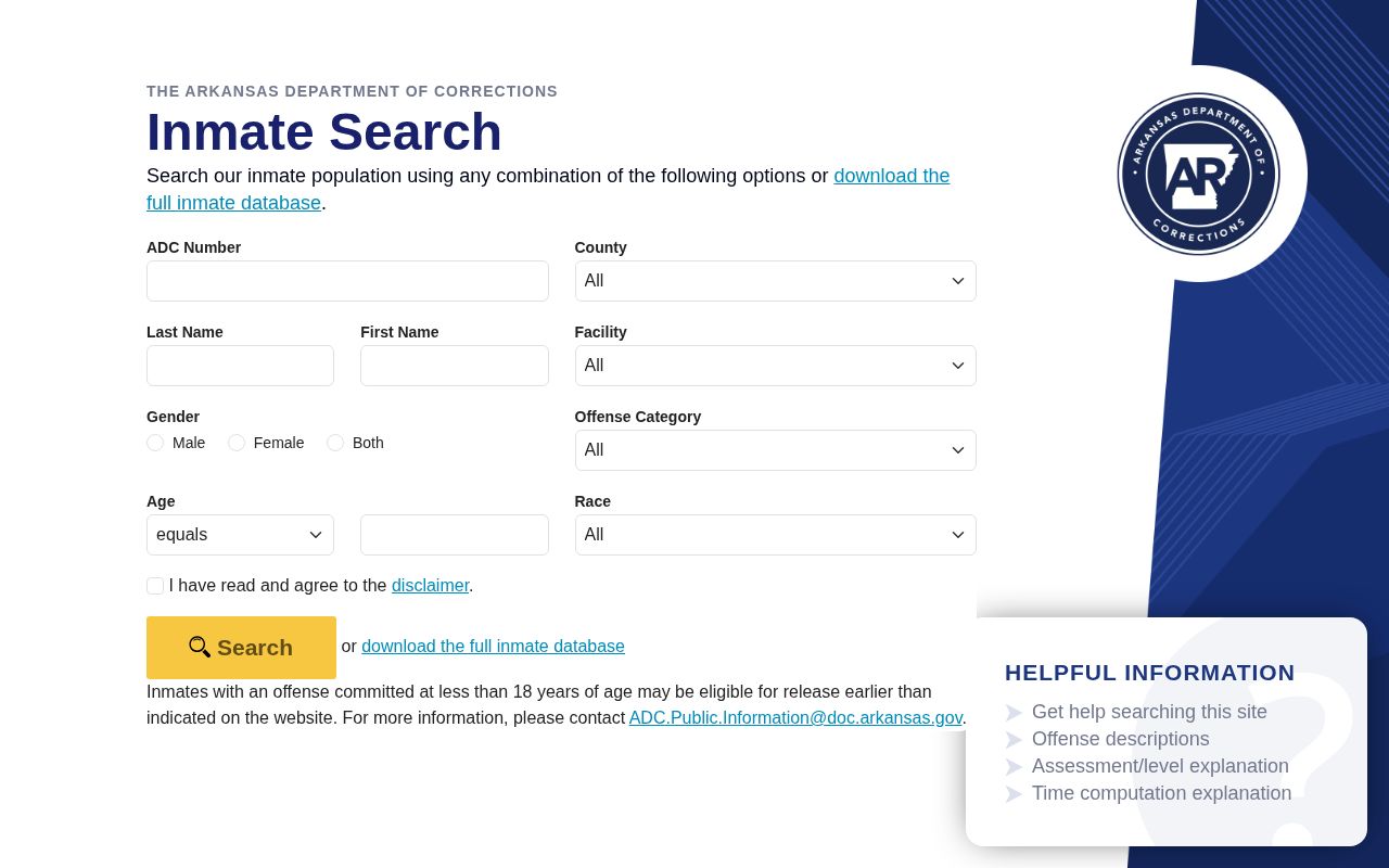 Arkansas Department of Corrections search separate from Arkansas County VINELink alerts