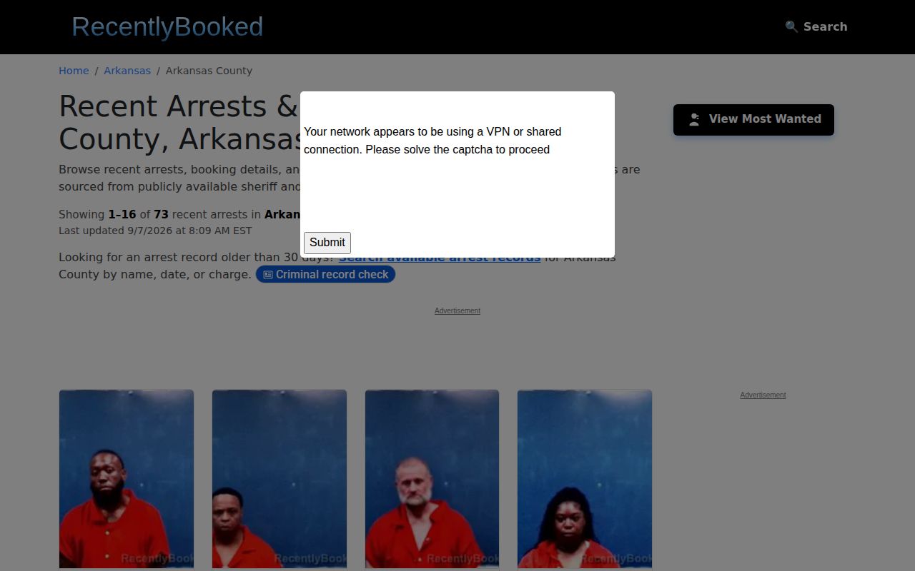 Unofficial RecentlyBooked Arkansas County arrest records page